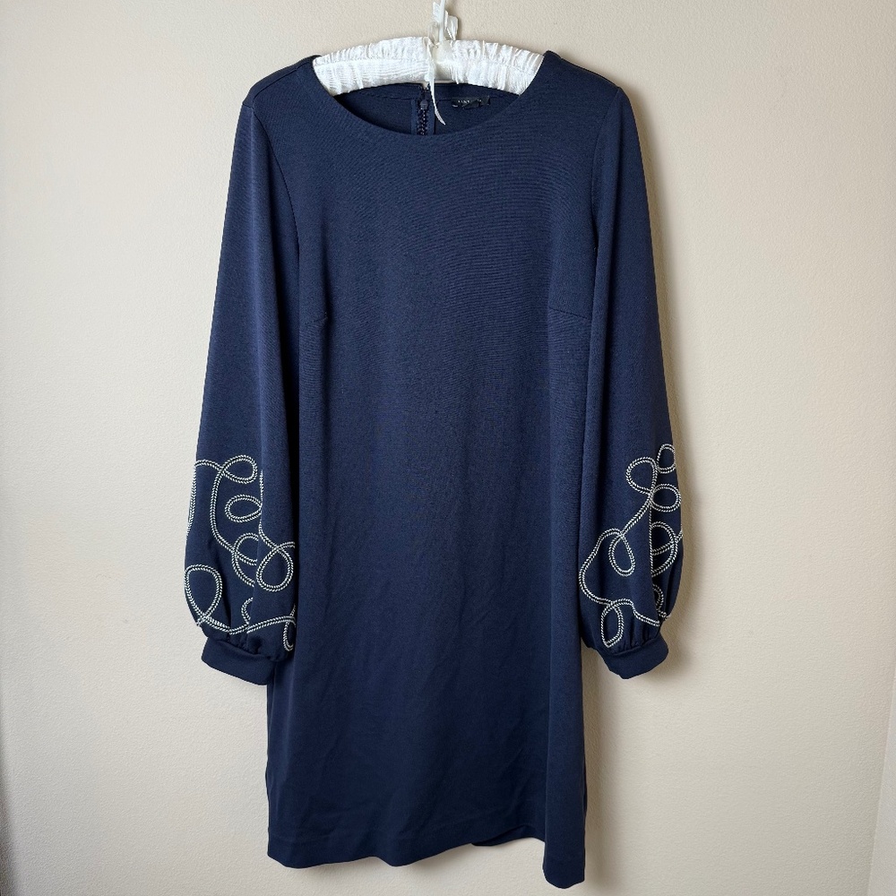 Ann Taylor Braided Sleeve Ponte Shift Dress Womens Medium Navy Blue Nautical